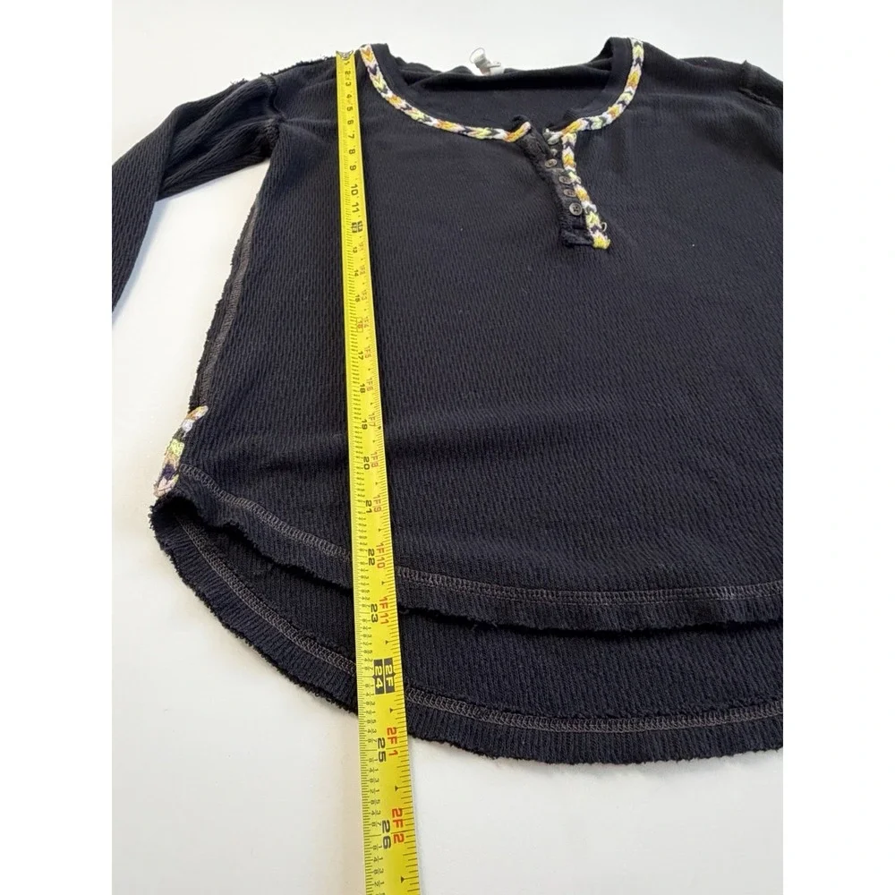 FREE PEOPLE Black Cotton Blend Rainbow Thermal Henley Top S